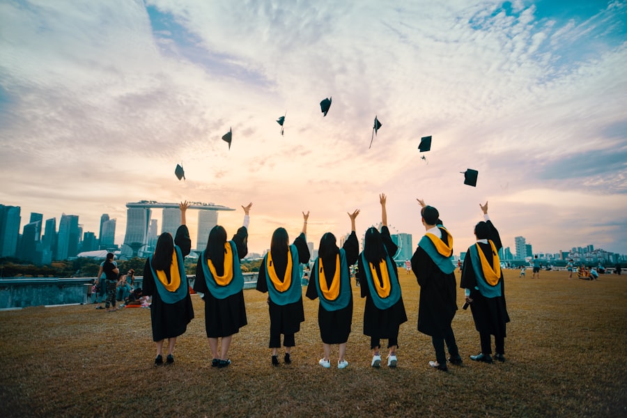 Graduates celebrating, caps thrown in the air